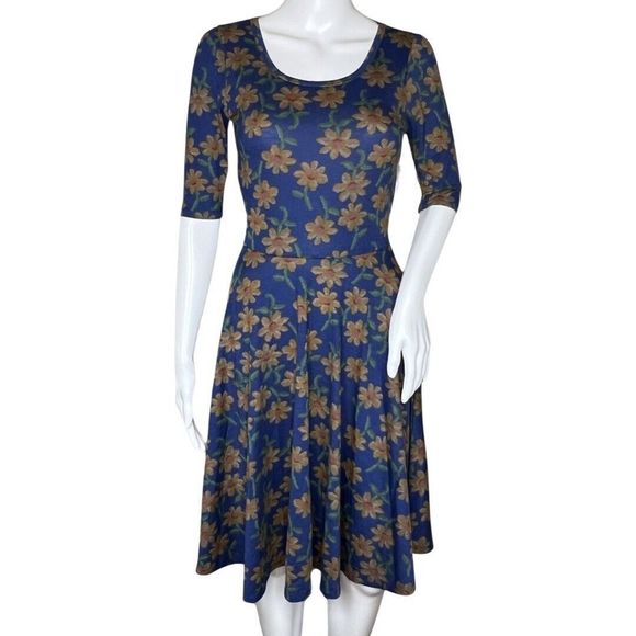 Lularoe Dress Women XS Blue Yellow Floral Print Flowers‎ Daisies A-Line Nicole - Picture 1 of 8